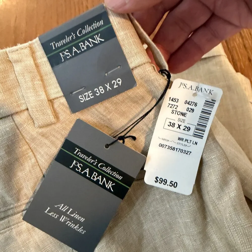 Jos A Bank Traveler Linen Dress Pants 38x29 Stone Pleated Classic Fit NWT